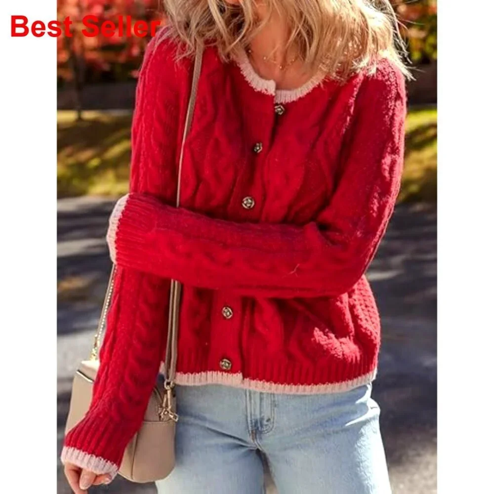 Long Sleeve Cable Knit Cardigan Button Front Round Neck Sweater Women's